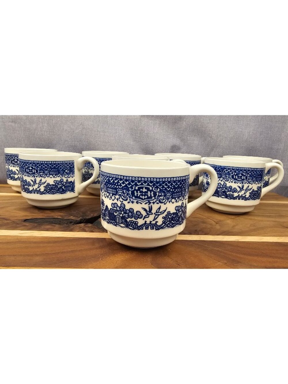 Set Of 8 Vintage Blue Willow Coffee Mugs 8 Oz Made In USA White & Blue Ceramic C